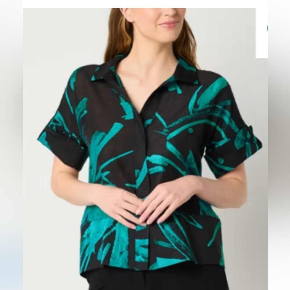Worthington Womans Short Sleeve Button Down Black Blue Abstract Shirt Sm New